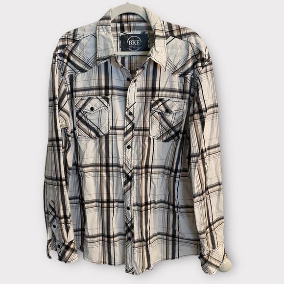 BKE Mens Snap Front Shirt Gray White Plaid Athetic Fit XL - Picture 1 of 7